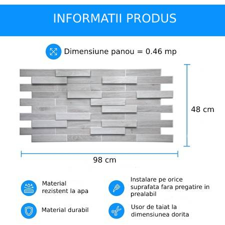 Panou decorativ PVC 3D pentru perete, 980 x 480 x 3 mm, decor Stejar alb [6]