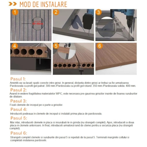 Pardoseala WPC Terasa D6463, antiderapanta, rezistenta UV si inghet, clasa trafic 23, 2900x146x25 mm, Maro inchis [10]