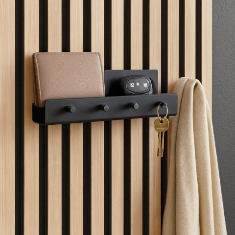 Riflaje Decorative - Poliță cu cuier din metal Wilma pentru panouri acustice lamelare, Negru