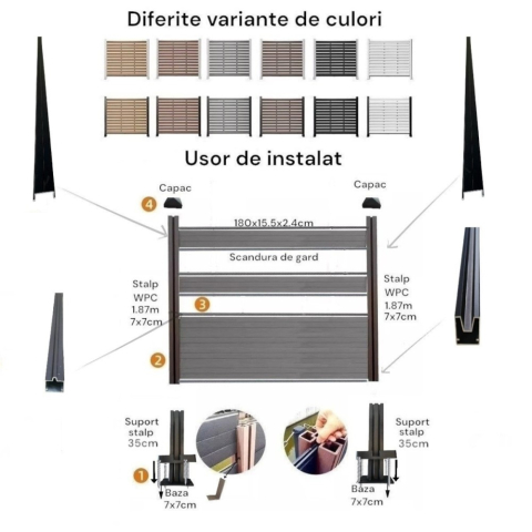 Profil gard WPC compozit lemn-plastic D6472, rezistent UV si inghet -40C/+60C, 1800x155x24 mm, Visiniu [10]