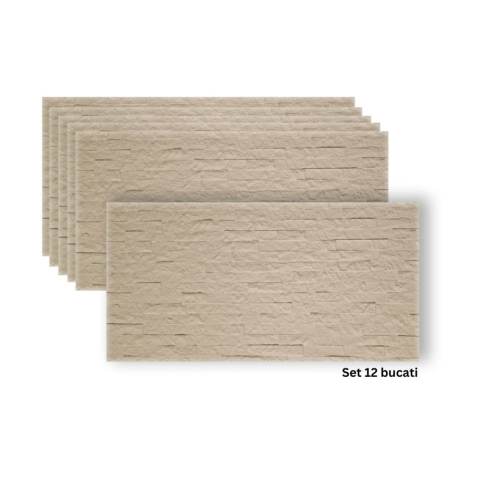 Panouri Decorative Exterior - Set 12 panouri decorative flexibile din praf de piatra D7351, ignifuge, strat ceramic UV, 1200x600x2 mm, Bej vanilie