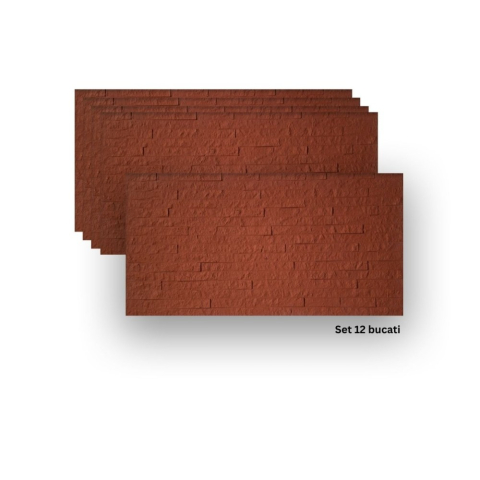 Panouri Decorative Exterior - Set 12 panouri decorative flexibile din praf de piatra D7352, ignifuge, strat ceramic UV, 1200x600x2 mm, Rosu caramiziu
