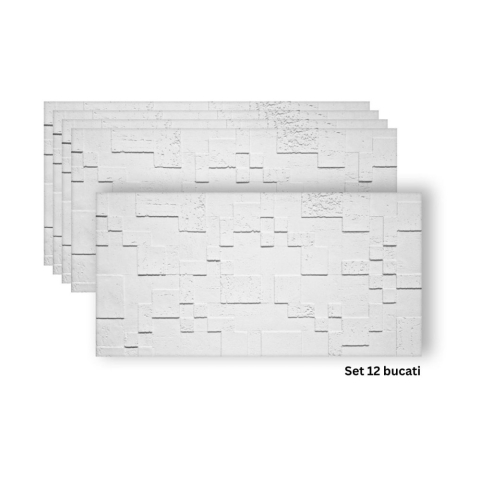 Panouri Decorative Exterior - Set 12 panouri decorative flexibile din praf de piatra D7362, ignifuge, strat ceramic UV, 1200x600x2 mm, Alb