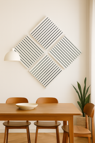 Panouri Acustice - Set 4 buc - Panouri acustice lamelare din MDF pe fetru, Alb cu fetru gri, 600 x 600 x 21 mm/bucată, total 1,44 m²