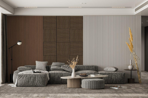 Set 4 buc - Panouri acustice lamelare din MDF pe fetru, Nuc, 600 x 600 x 21 mm/bucată, total 1,44 m² [11]