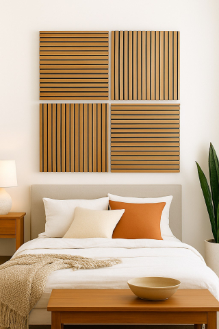 Panouri Acustice - Set 4 buc - Panouri acustice lamelare din MDF pe fetru, Tec, 600 x 600 x 21 mm/bucată, total 1,44 m²