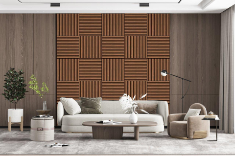 Set 4 buc - Panouri acustice lamelare din MDF pe fetru, Tec, 600 x 600 x 21 mm/bucată, total 1,44 m² [4]