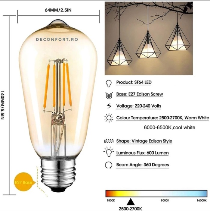 Bec filament incandescent Edison 4w LED dulie e27 lumina calda ST64 [3]