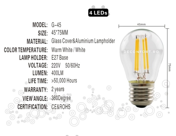 Bec LED filament incandescent Edison 4w dulie e27 lumina calda [2]