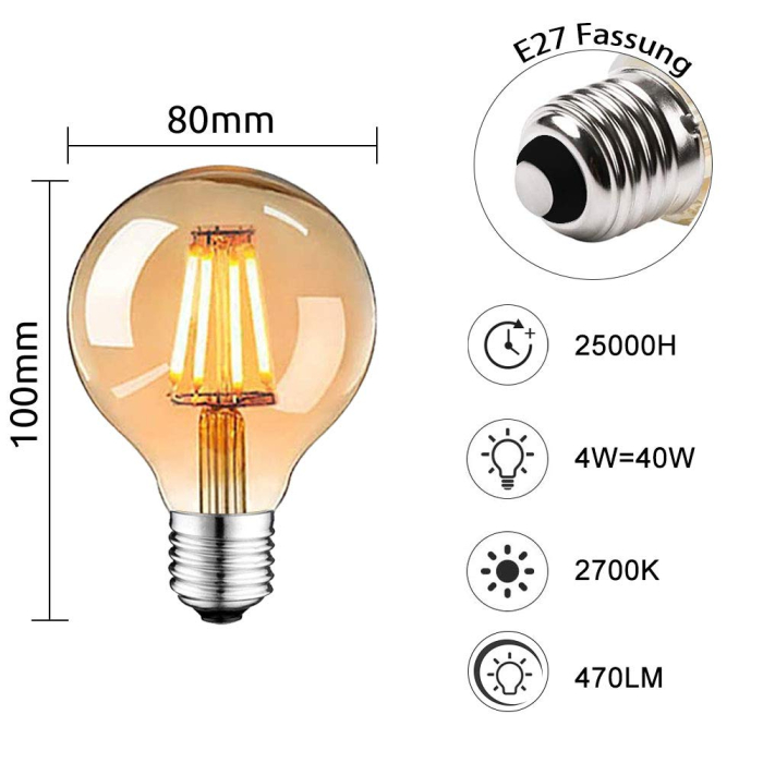Bec LED G80 Filament Edisson 6W Lumina Rece E27 [4]