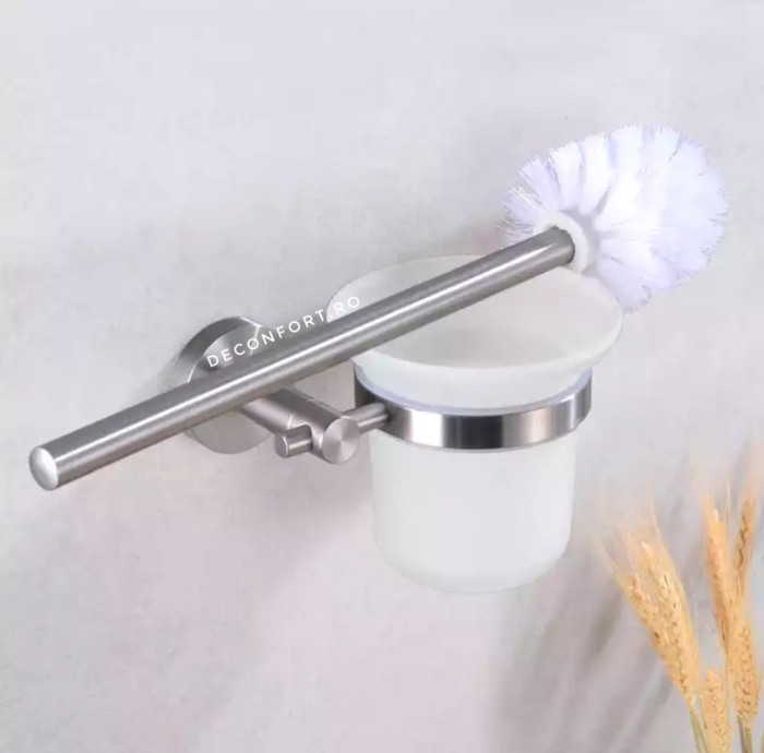 Perie toaleta suport inox satinat STEEL pahar sticla fixare perete baie [2]