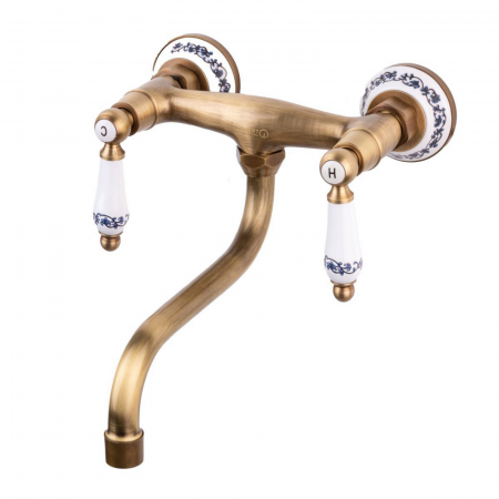 Baterie bronz perete - Baterie baie antichizata cu ceramica montare perete pipa lunga