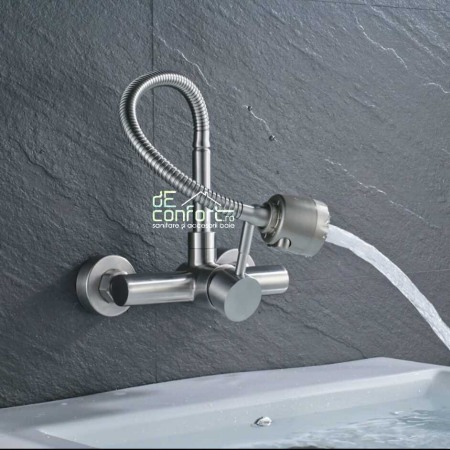 Baterii Sanitare - Baterie bucatarie montare perete pipa flexibila doua jeturi inox