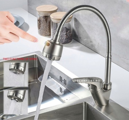 Baterie Bucatarie - Baterie bucatarie pipa flexibila aspect inox satinat cap dus doua functii ALTO