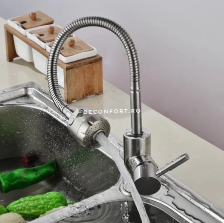 Baterie bucatarie pipa flexibila din inox satinat si para dus doua functii [1]