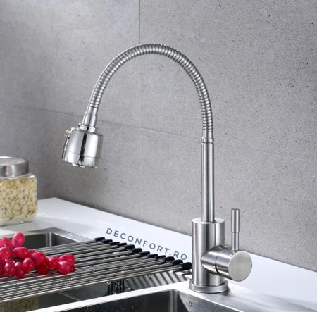 Baterie Bucatarie - Baterie bucatarie pipa flexibila din inox satinat si para dus doua functii