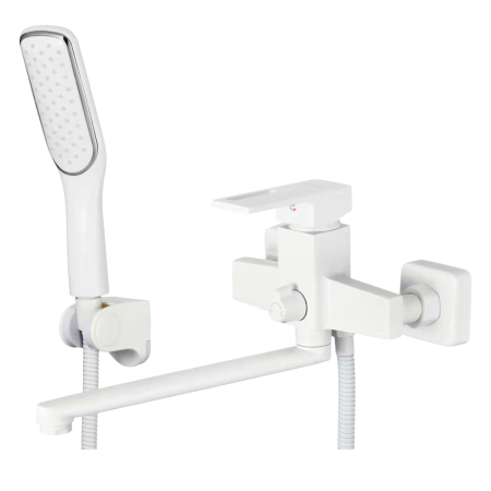 Baterii Sanitare - Baterie cada cu set dus alba rectangulara pipa lunga Milo