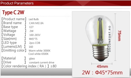 Bec LED filament incandescent Edison 4w dulie e27 lumina calda G45 [3]