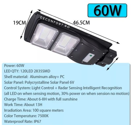 Lampa stradala LED 60w panou solar incarcare cu senzor lumina [4]