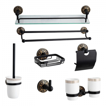 Accesorii baie cromate - Set accesorii baie 7 piese negru auriu Hellen aluminiu