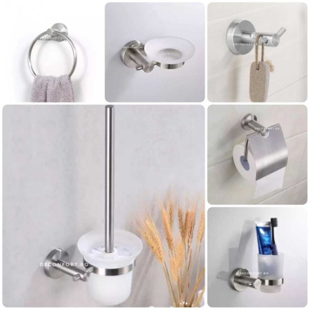 Set accesorii baie inox STEEL 6 piese aspect mat satinat prindere perete [0]