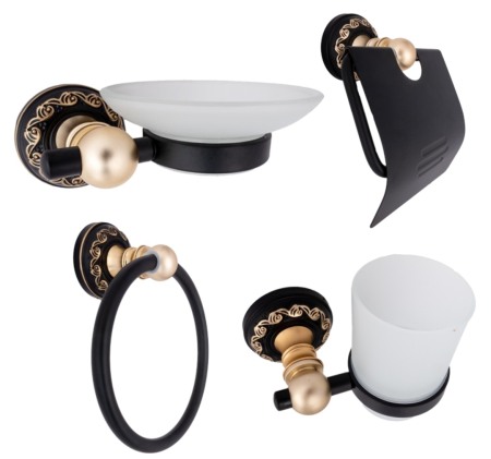 Accesorii baie cromate - Set accesorii baie negru auriu antichizat AGS1 4 piese