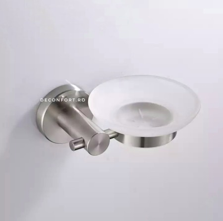 Accesorii baie cromate - Suport inox satinat cu farfuriuta sticla STEEL pentru sapun cu prindere perete