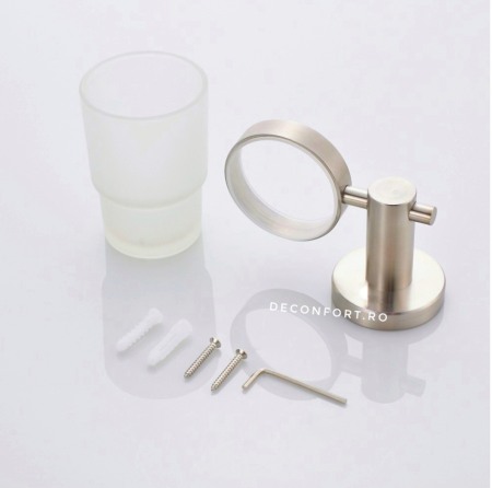 Suport inox satinat cu pahar sticla STEEL periuta dinti prindere perete [1]