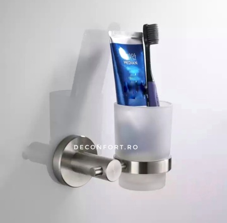 Accesorii baie cromate - Suport inox satinat cu pahar sticla STEEL periuta dinti prindere perete