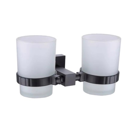 Accesorii baie cromate - Suport periuta negru MAT doua pahare sticla