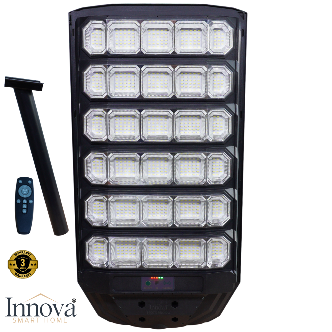 Lampi Solare Stradale - Lampa Solara Stradala Polaris Innova 1600W - LED 120 000 lm, Senzor Lumina/Miscare si Telecomanda, IP66 & Suport Prindere+Cadou Surpriza