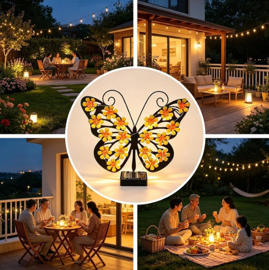 Pachete Promotionale - Set 2 / 4 Fluturi Solari Decorativi de Pus pe Perete sau Gard, cu Lumini LED, Culori Roz si Galben