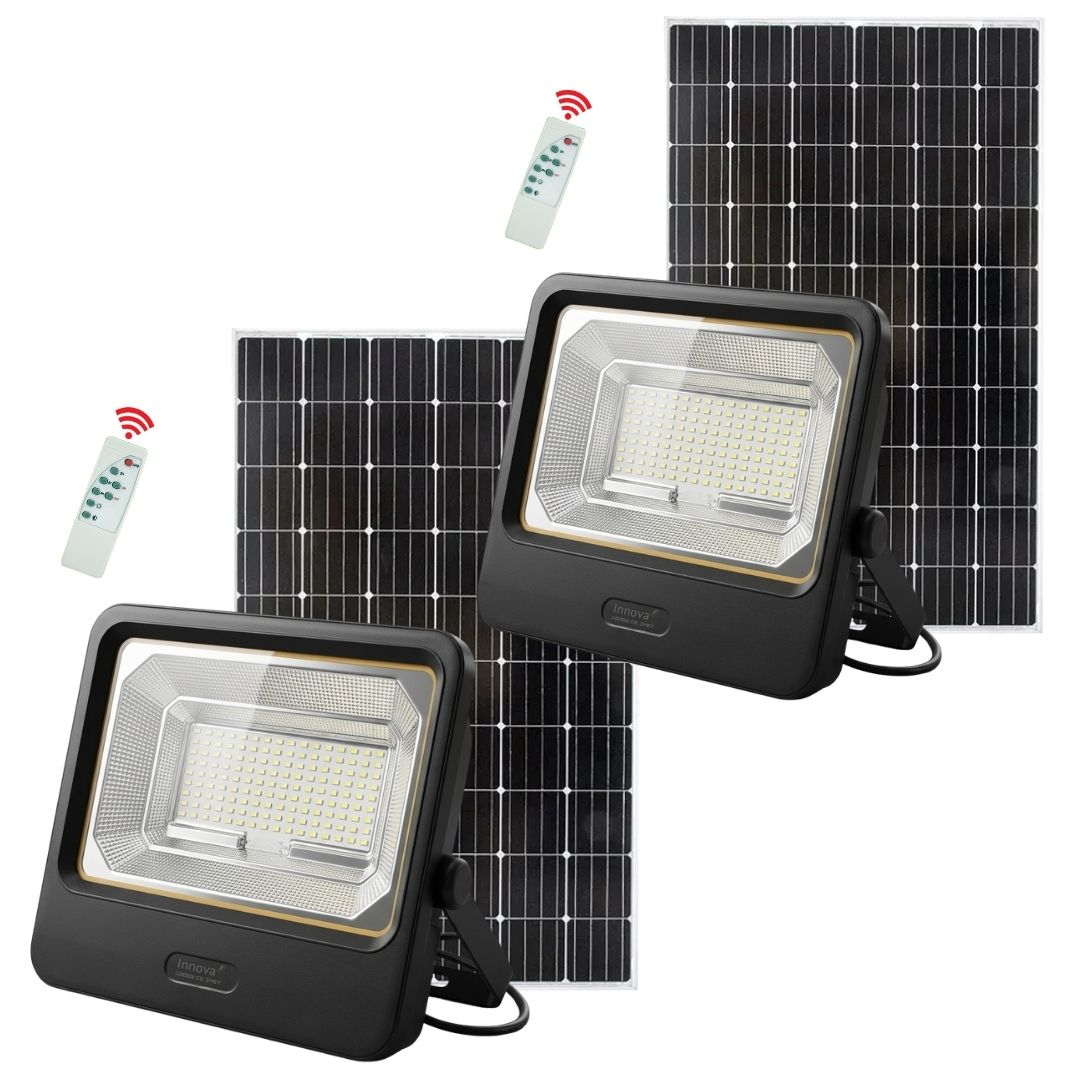 Pachete Promotionale - Set 2 Proiectoare Solare LED 1000W Innova Smart Home Cyborg, IP67, Panouri Solare 45x35 cm și Telecomenzi