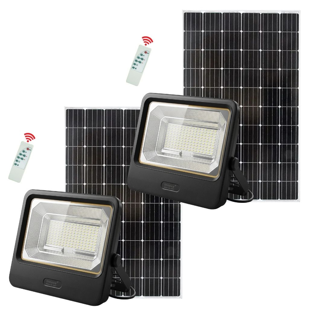 Lampi Solare Stradale - Set 2 Proiectoare Solare LED 800W Innova Smart Home Cyborg, IP67, Panouri Solare 35x35 cm și Telecomenzi