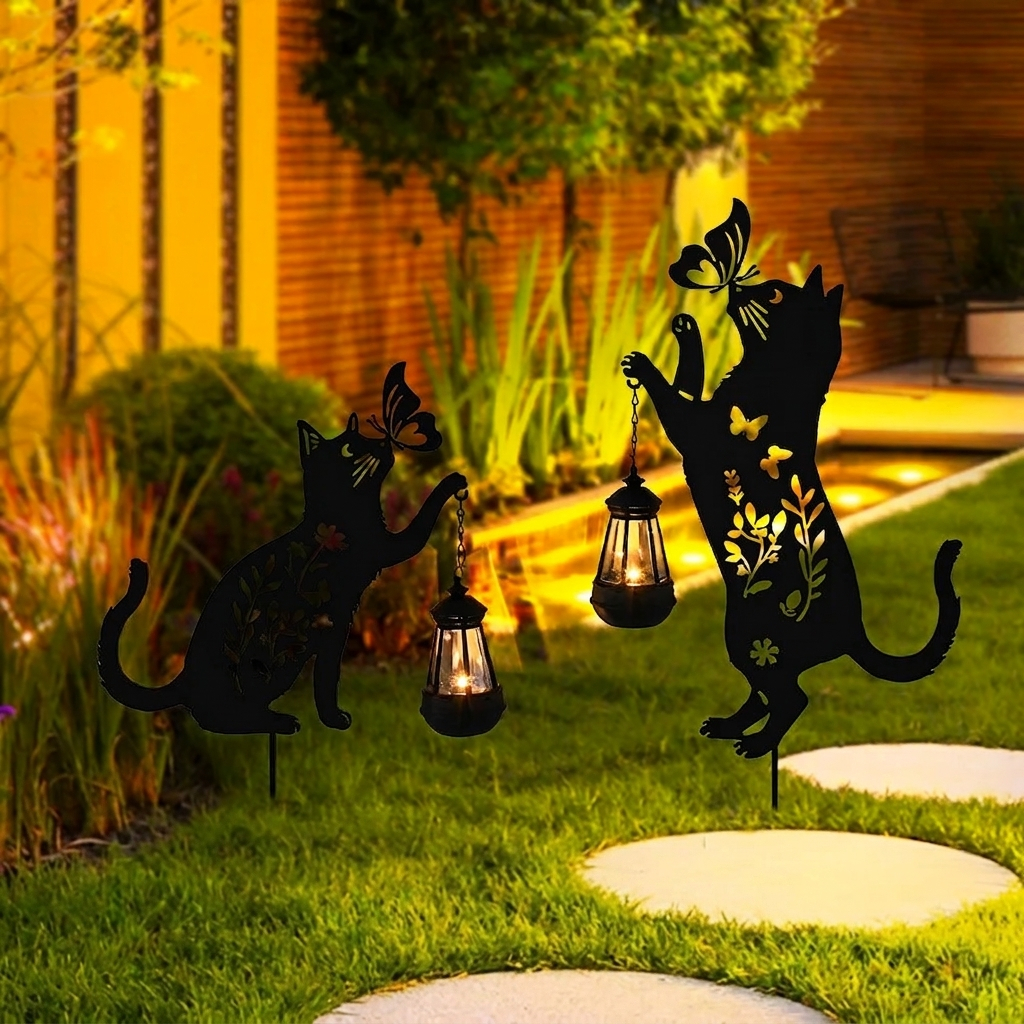 Lampi Solare Decorative - Set 2 Decoratiuni Solare de Gradina, Model Pisica Neagra cu Felinar LED si Fluture, din Metal
