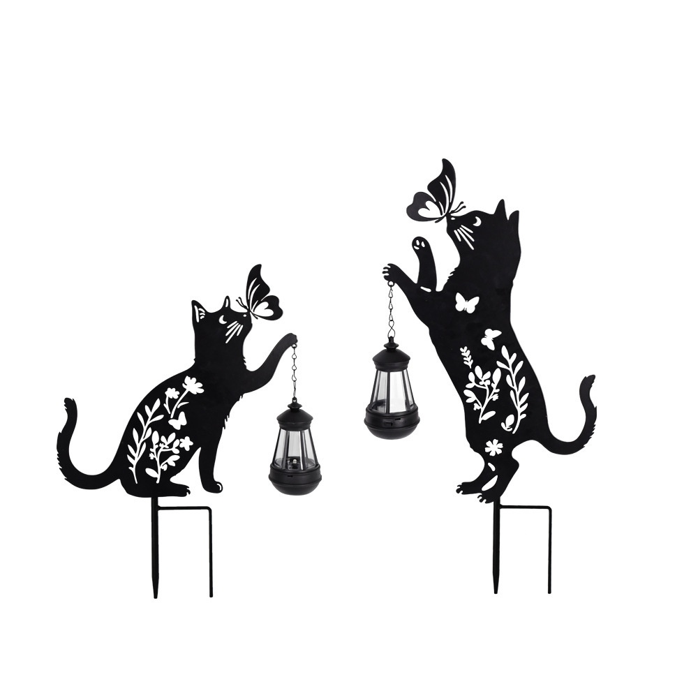 Set 2 Decoratiuni Solare de Gradina, Model Pisica Neagra cu Felinar LED si Fluture, din Metal [5]