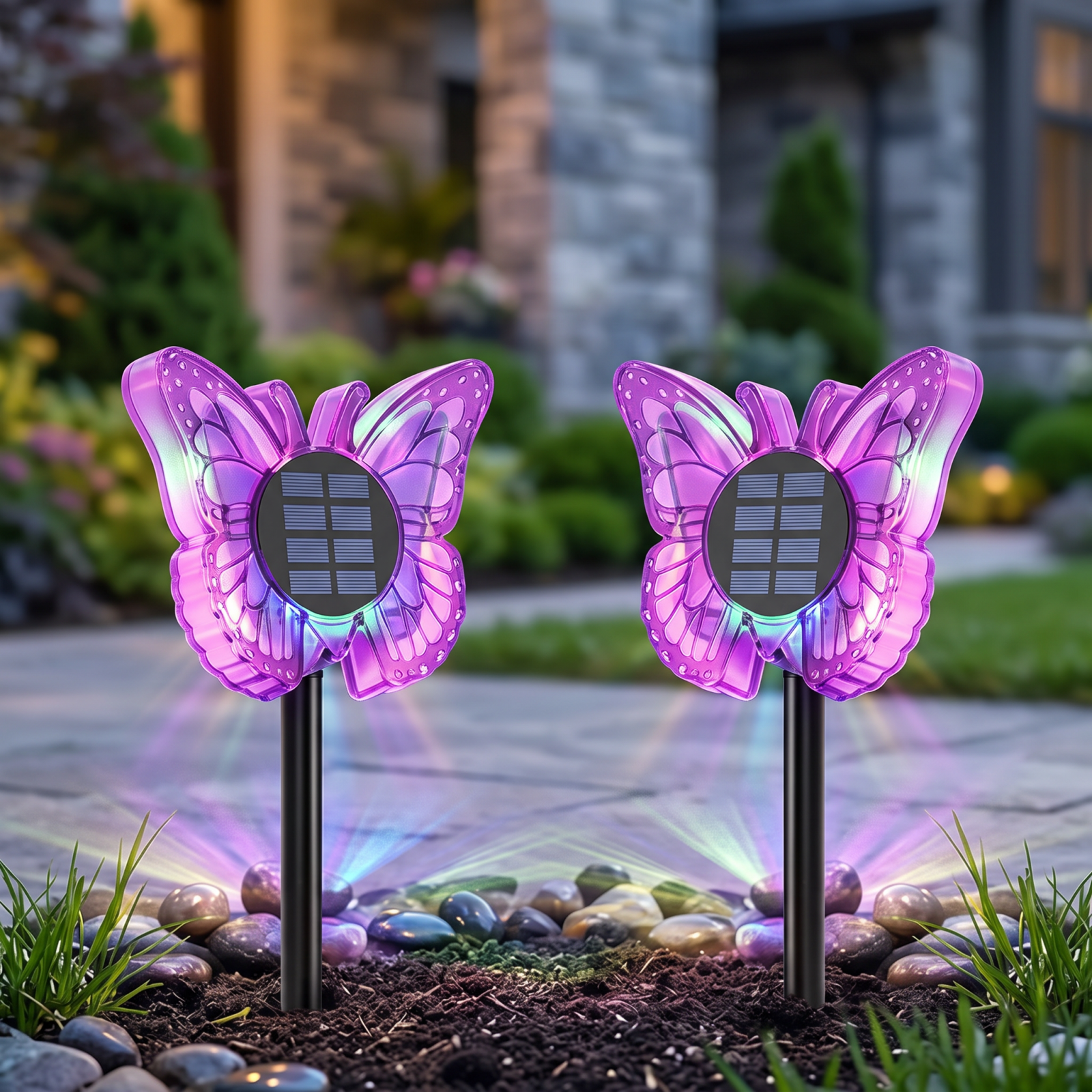Pachete Promotionale - Set 2 Lămpi Solare LED Fluture RGB, Montaj pe Perete sau în Sol, IP65, 5W, 37 cm, 4 Culori