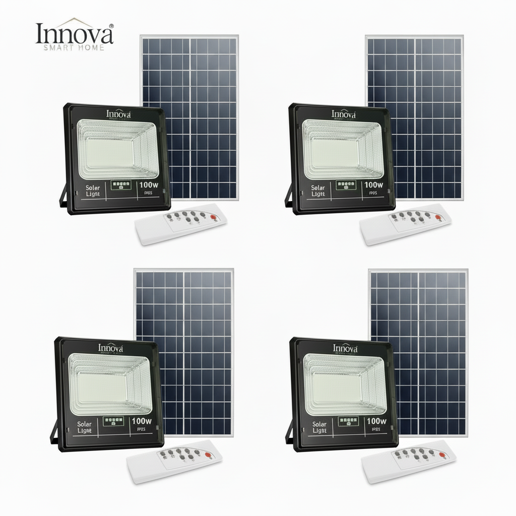 Lampi Solare Stradale - Set 4 x Proiector Solar Innova 100W , IP66 , Indicator Batarie , Telecomanda , 6500k , 3 Ani Garantie