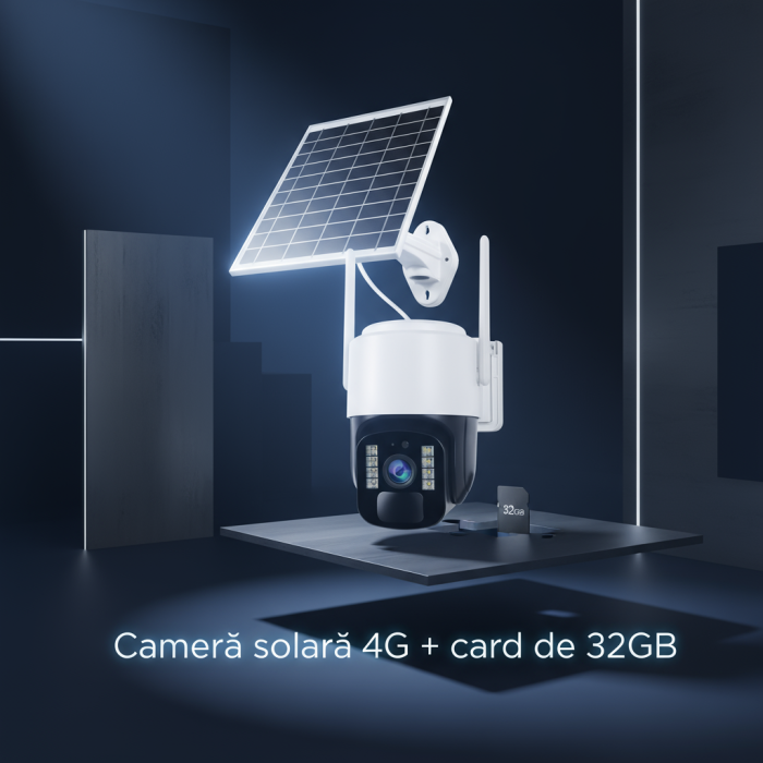 Cameră Supraveghere Solară+Card 32GB, 4G TS1, 3MP, PTZ 355°, Night Vision Color, Audio Bidirecțional, Alarmă, O-Kam Pro [9]