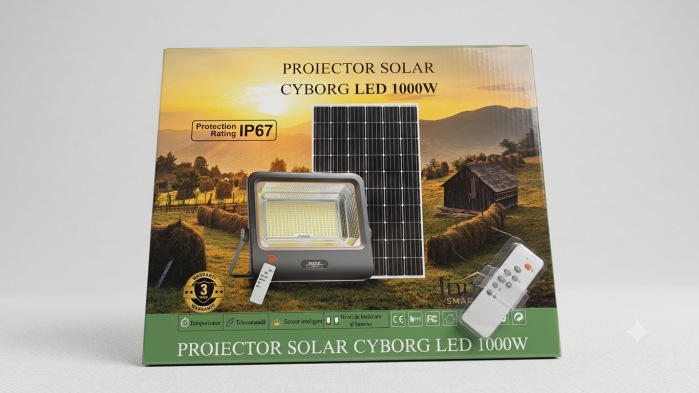 Proiector Solar LED 1000W Innova Smart Home Cyborg, IP67, Panou Solar 45x35 cm și Telecomandă [3]