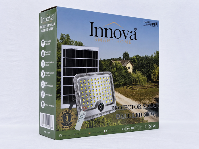 Proiector Solar LED 600W Innova Smart Home Hall, IP67, Panou Solar 35x35 cm și Telecomandă [2]