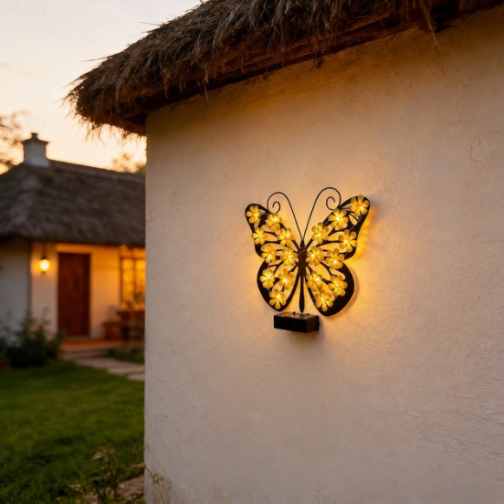 Set 2 / 4 Fluturi Solari Decorativi de Pus pe Perete sau Gard, cu Lumini LED, Culori Roz si Galben [2]