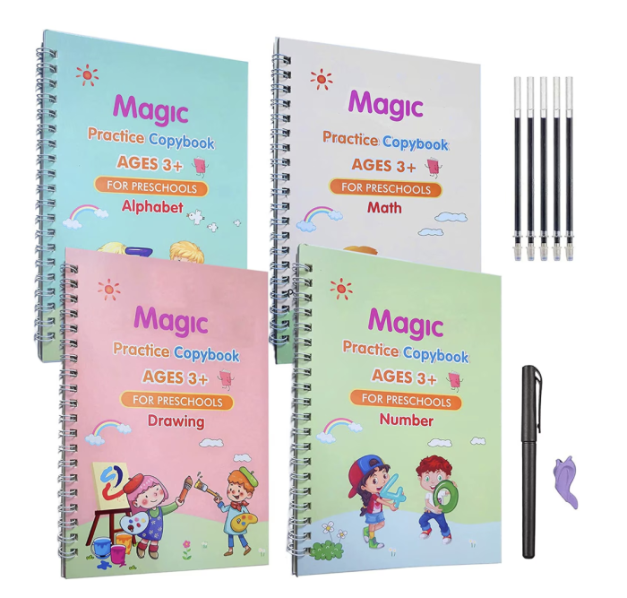 Set cu 4 caiete de lucru si stilou magic pentru scris si desenat Sank Magic, rechizite scolare, multicolor, 19 cm X 13 cm [6]