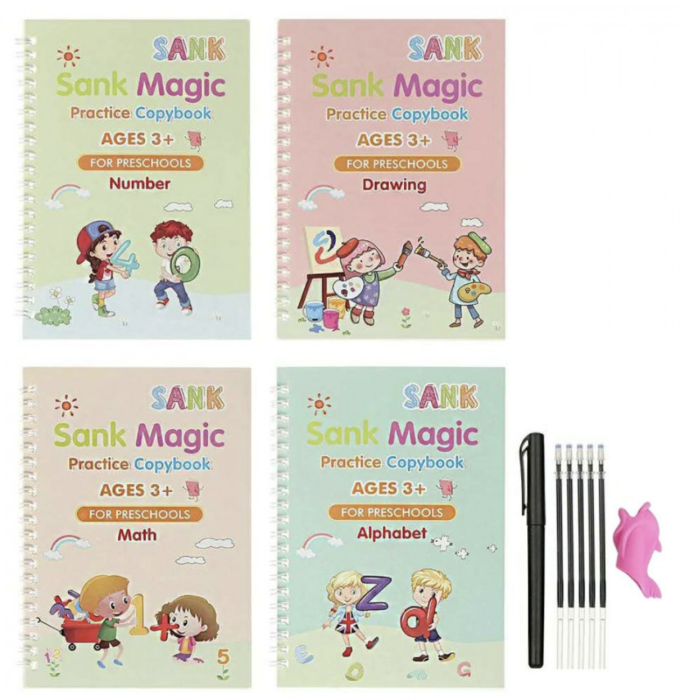 Set cu 4 caiete de lucru si stilou magic pentru scris si desenat Sank Magic, rechizite scolare, multicolor, 19 cm X 13 cm [1]