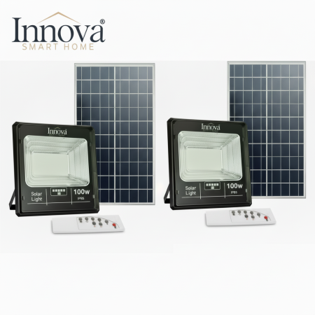 Lampi Solare Stradale - Set 2 X Proiector Solar Innova 100W , IP66 , Indicator Batarie , Telecomanda , 6500k , 3 Ani Garantie