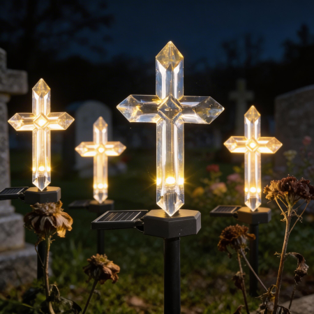 Lampi Solare Decorative - Set 4 Cruci Solare Decorative LED Alb Cald pentru Gradina si Cimitir - Iluminare Automata