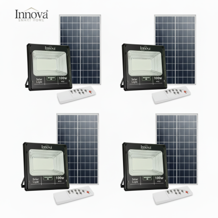 Lampi Solare Stradale - Set 4 x Proiector Solar Innova 100W , IP66 , Indicator Batarie , Telecomanda , 6500k , 3 Ani Garantie
