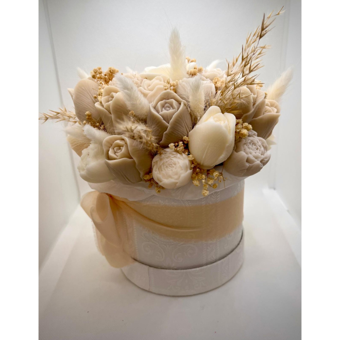 Aranjament floral din ceară de soia în cutie rotundă – flori decorative premium cu flori uscate, cadou elegant [2]