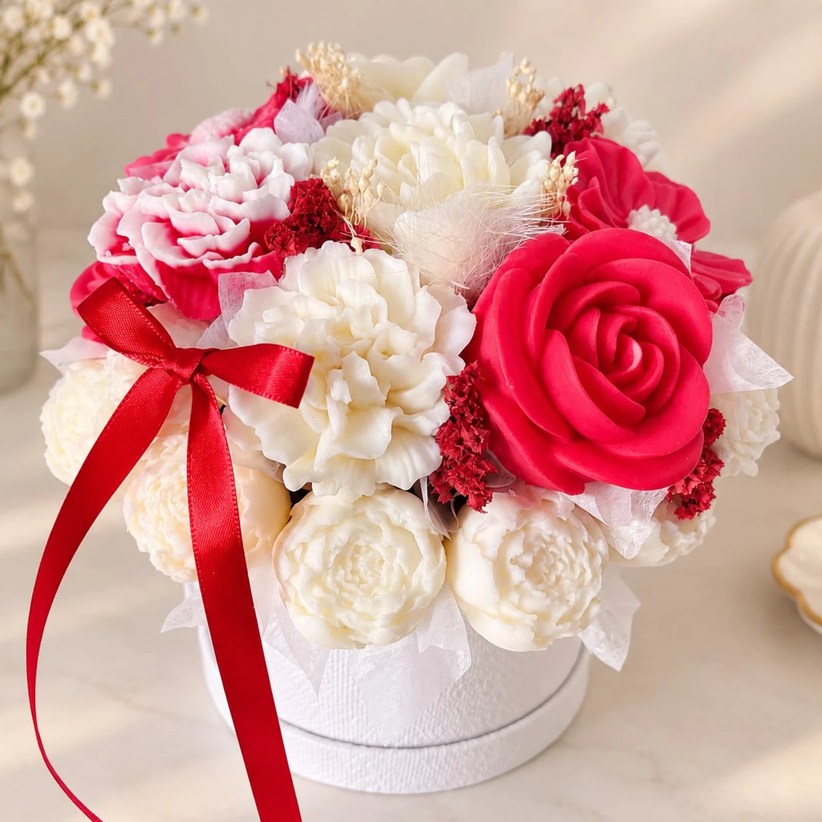 Aranjament floral din ceară de soia în cutie rotundă – flori decorative premium cu flori uscate, cadou elegant [1]