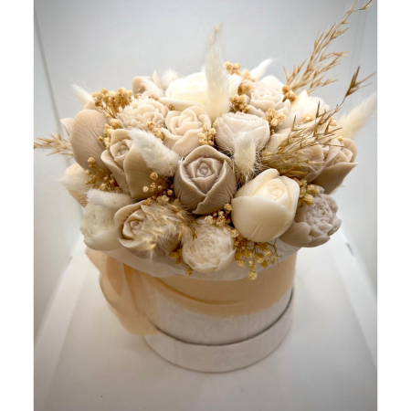 Aranjamente flori din ceara - Aranjament floral din ceară de soia în cutie rotundă – flori decorative premium cu flori uscate, cadou elegant